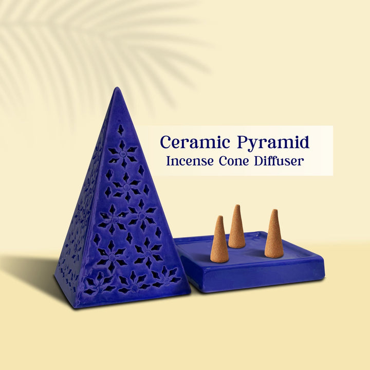 Ceramic Pyramid Incense Cone Diffuser Blue JPSR Prabhu Shriram